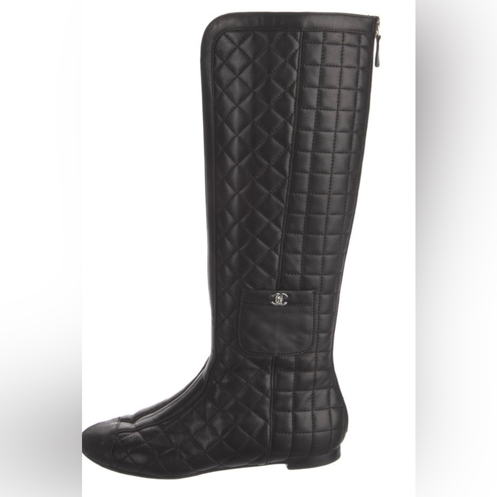 Chanel black leather quilted pockets CC logo riding boots